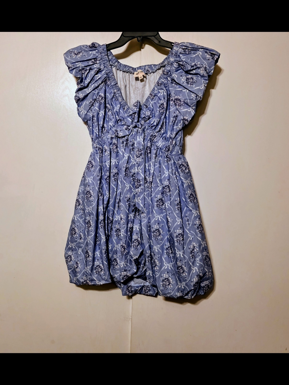 Peach Love California Blue Floral Puff Sleave And Skirt Mini Dress, Small NWOT